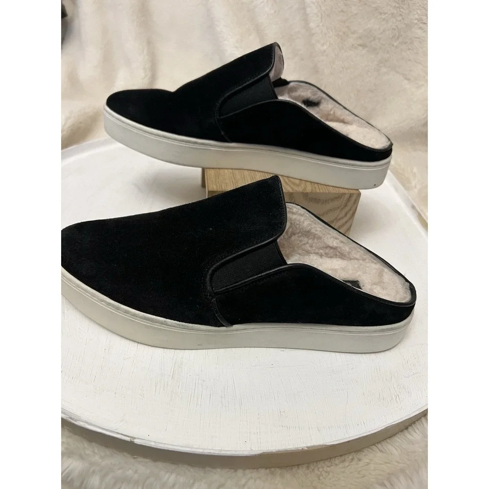 Vince Garvey Suede Shearling Lined Mules Shoes Size 6.5 Women's Black Slip On